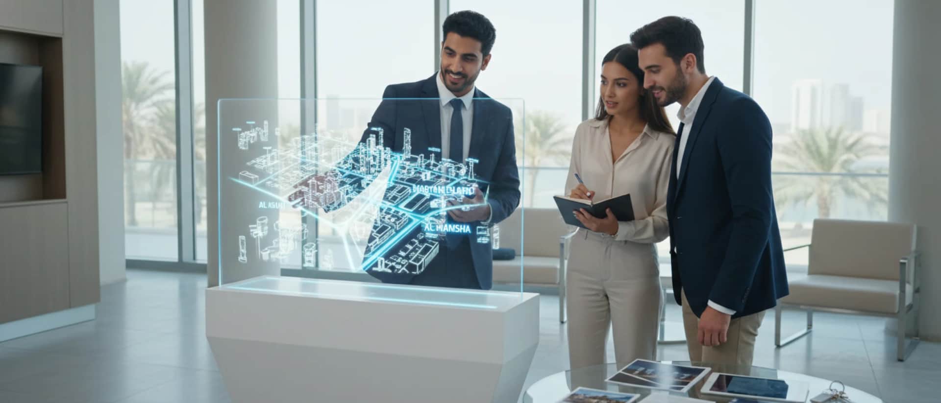 Agents reviewing 3D property model in office