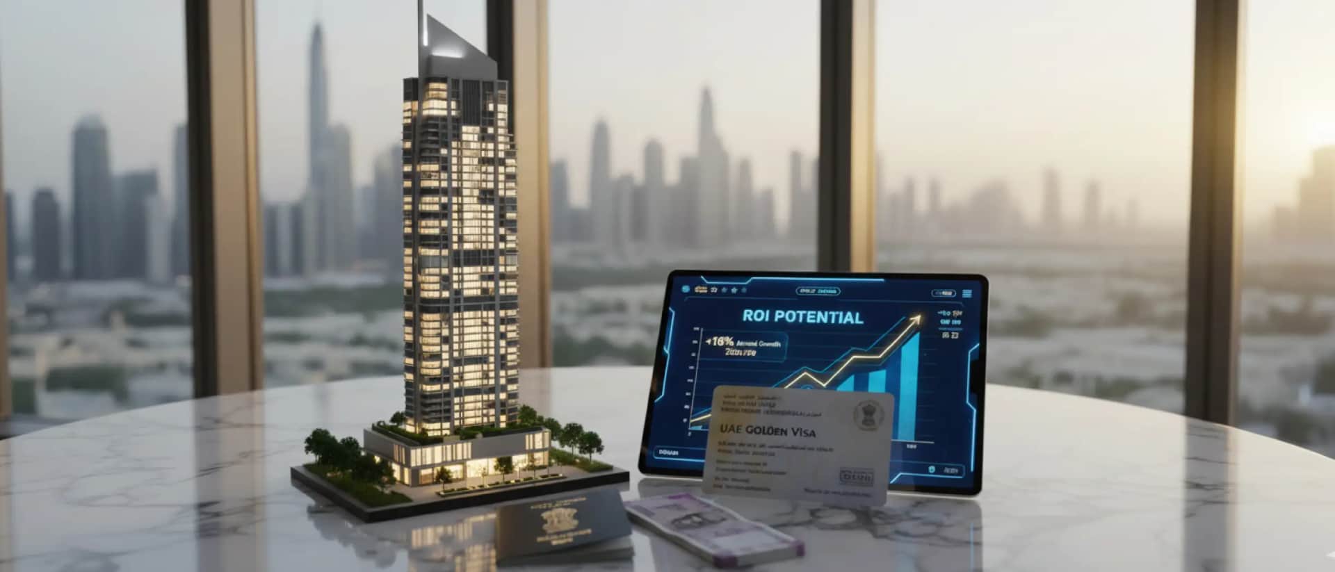 Dubai property ROI with model tower and visa card