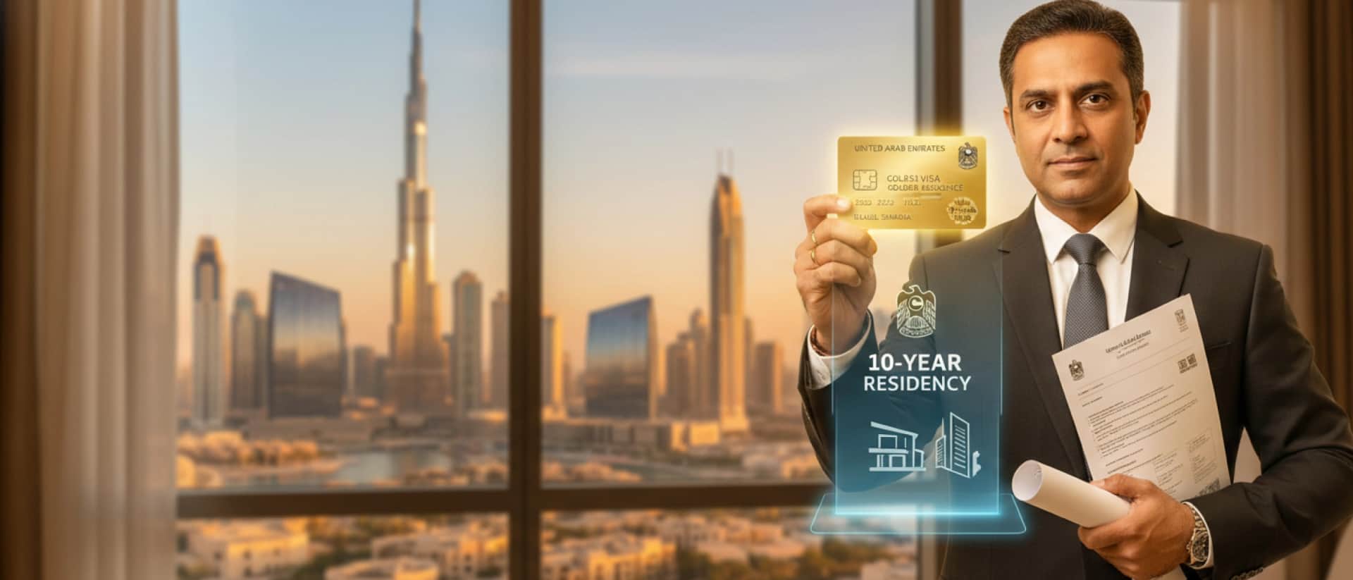 Man holding UAE Golden Visa card with documents