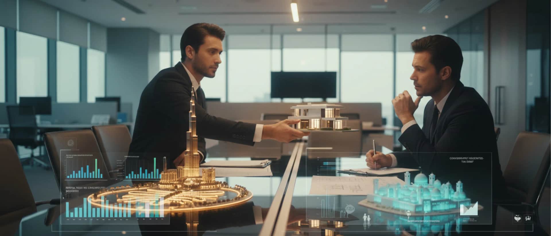 Dubai property investment meeting with luxury model
