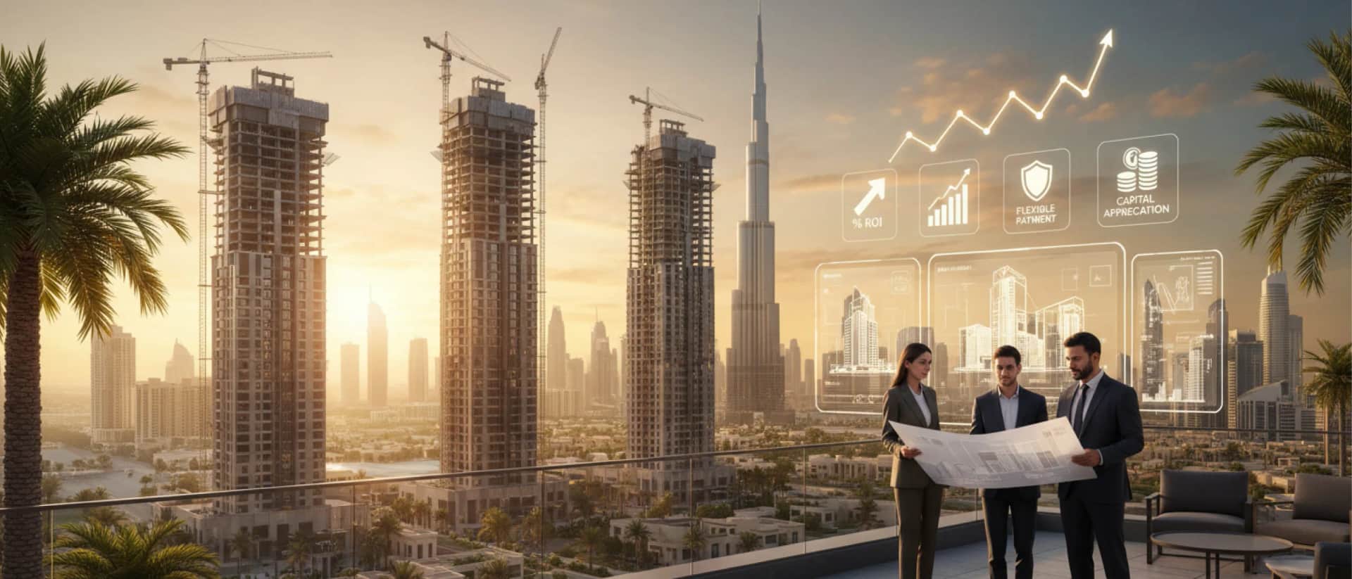 Dubai skyline with cranes and ROI investment icons