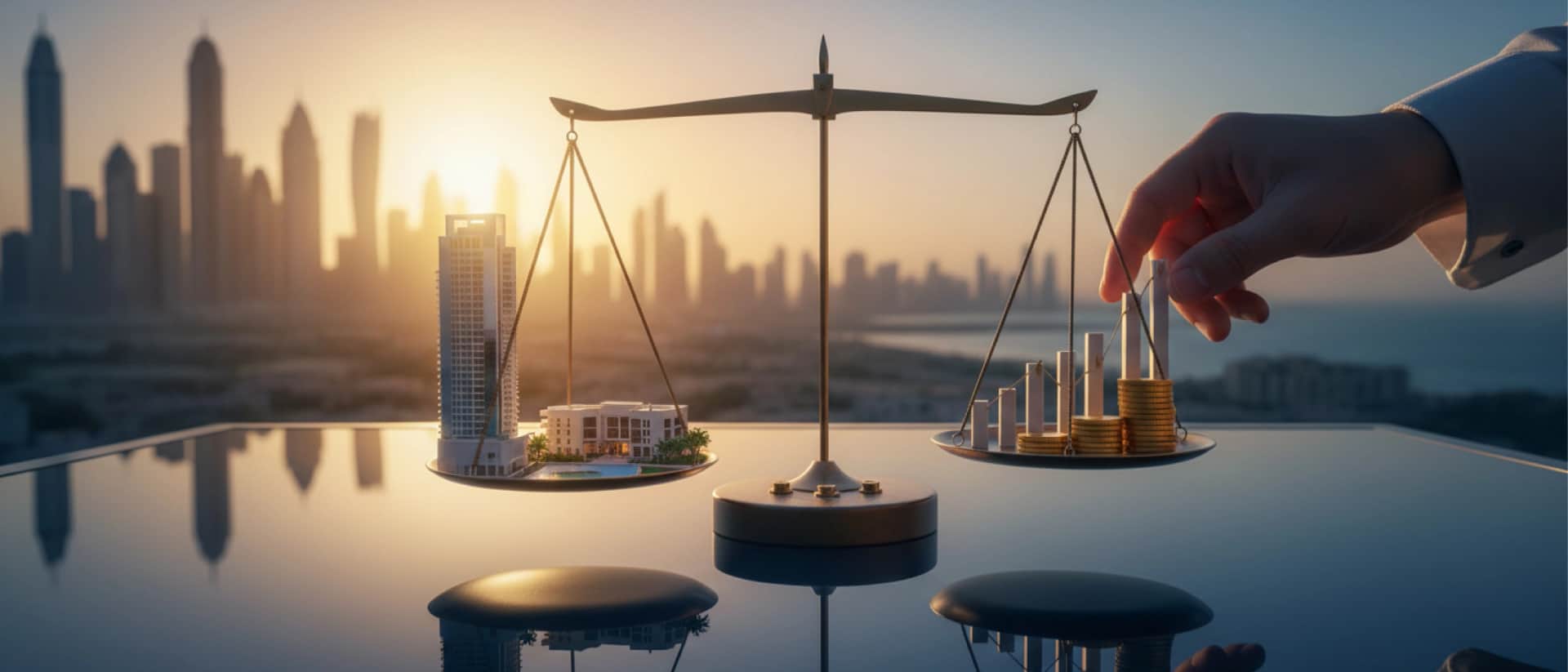 Dubai investment balance with property and coins