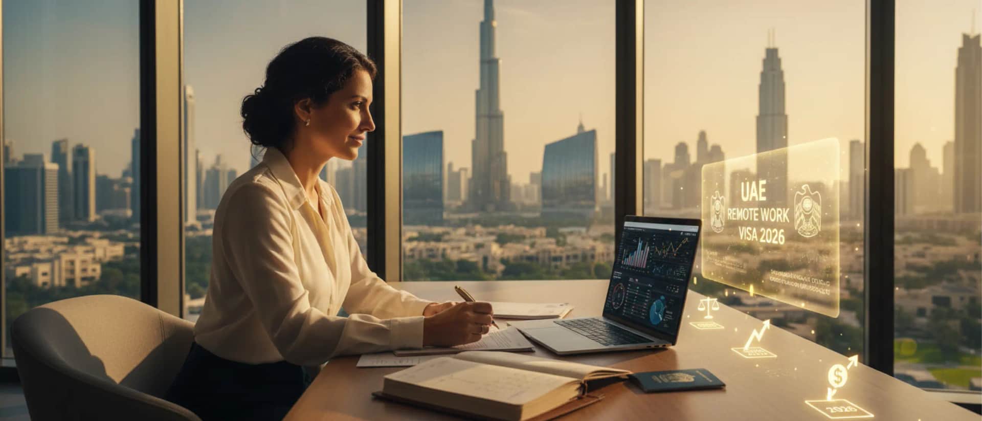 Professional woman working in Dubai skyline