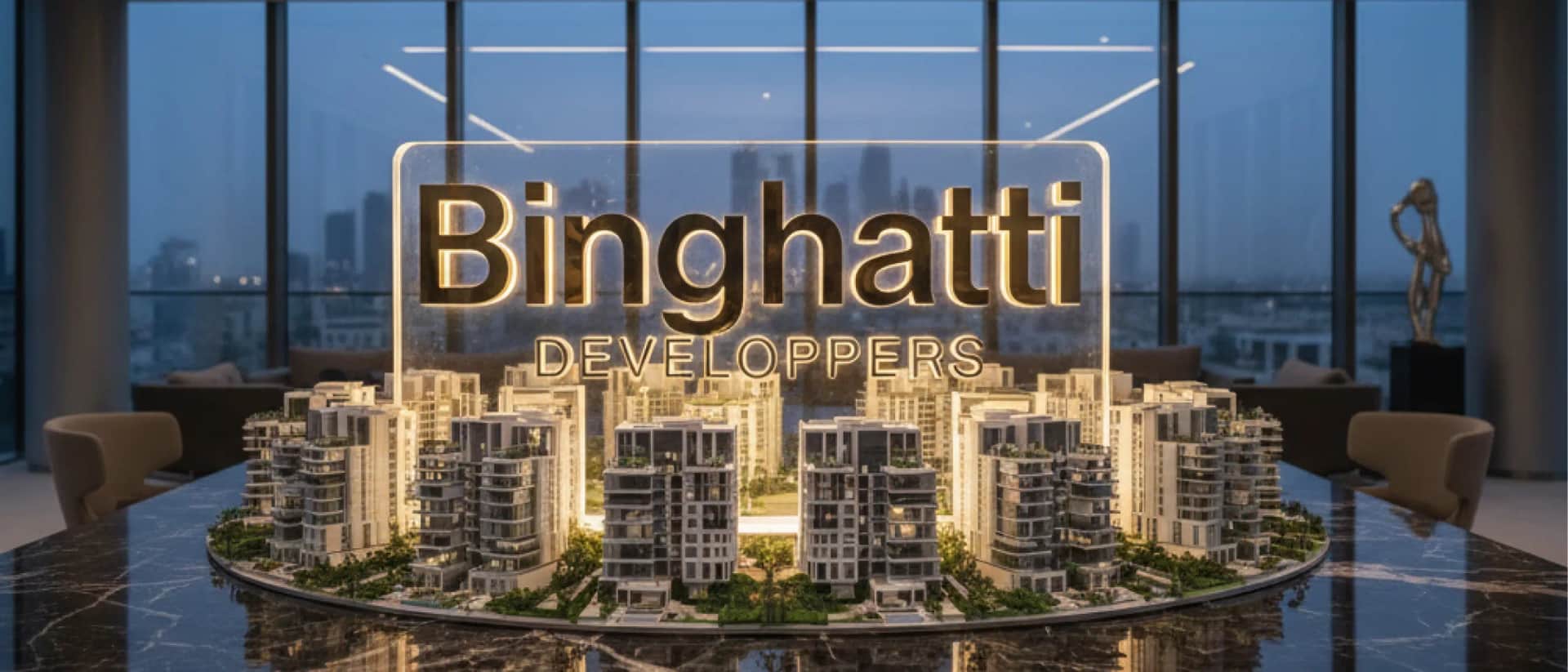 Binghatti Developers model and Dubai skyline