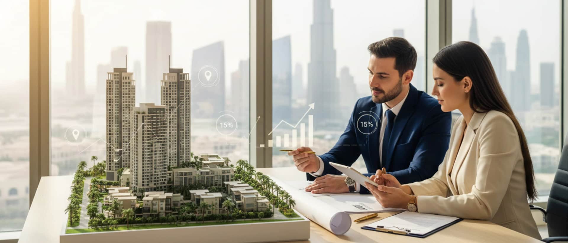 Real estate meeting, skyline, growth charts