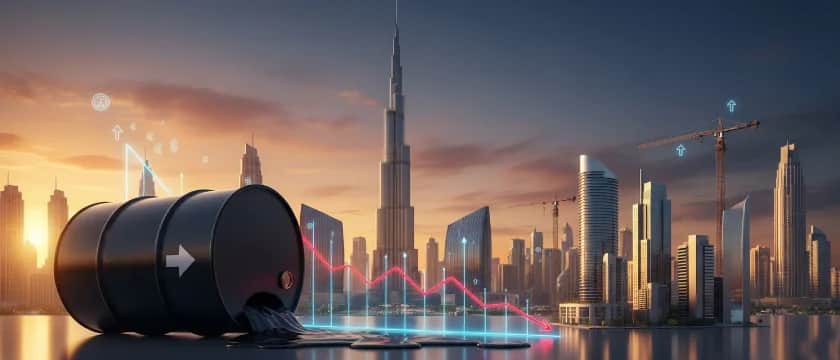 Dubai skyline with oil barrel and property market graph