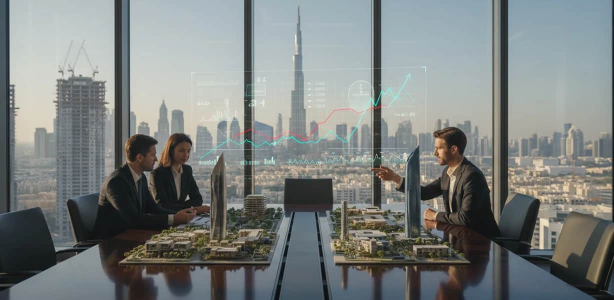 Dubai real estate meeting with skyline & growth chart