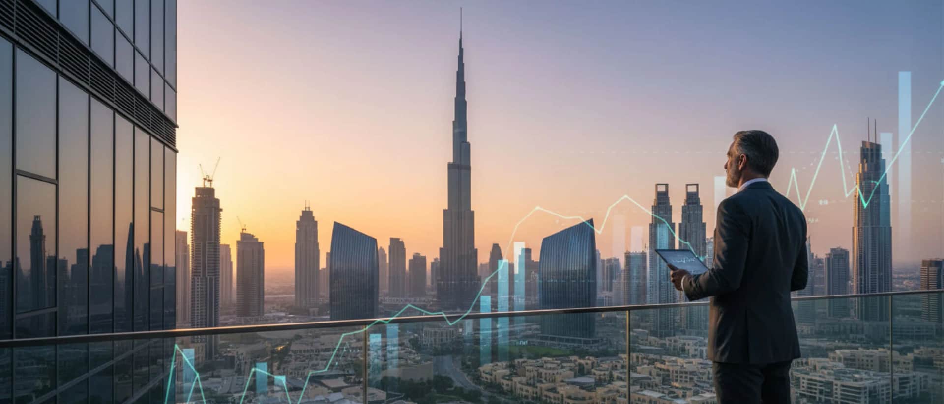 Dubai skyline with investor analyzing market trends