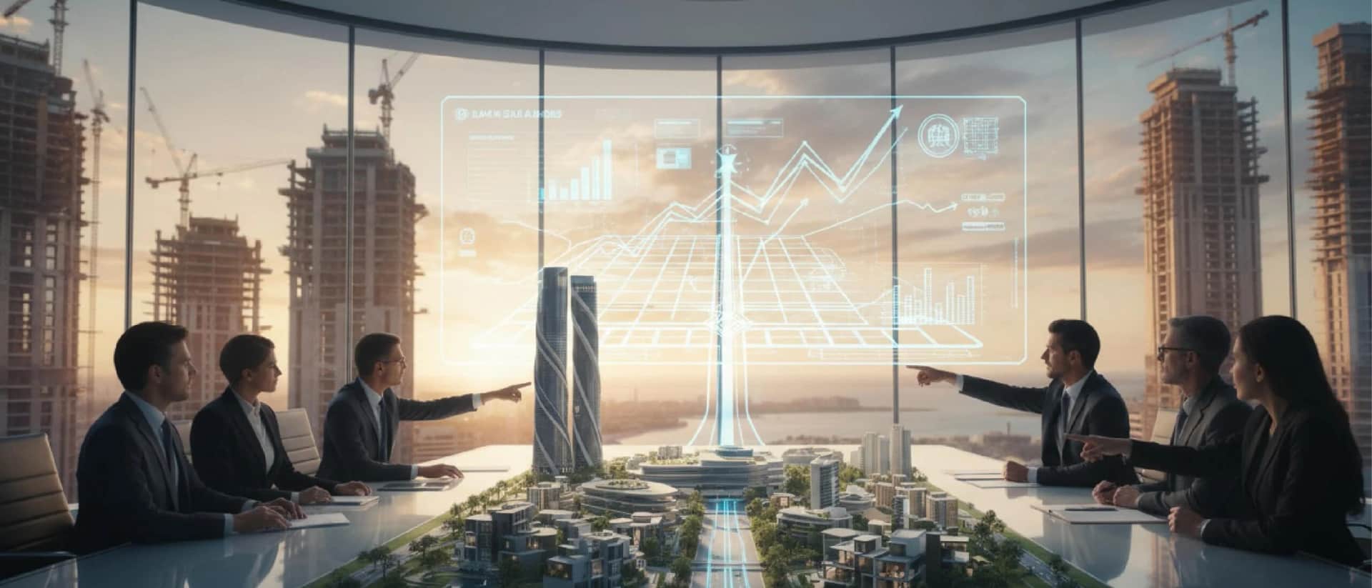 Real estate meeting with skyline growth chart view
