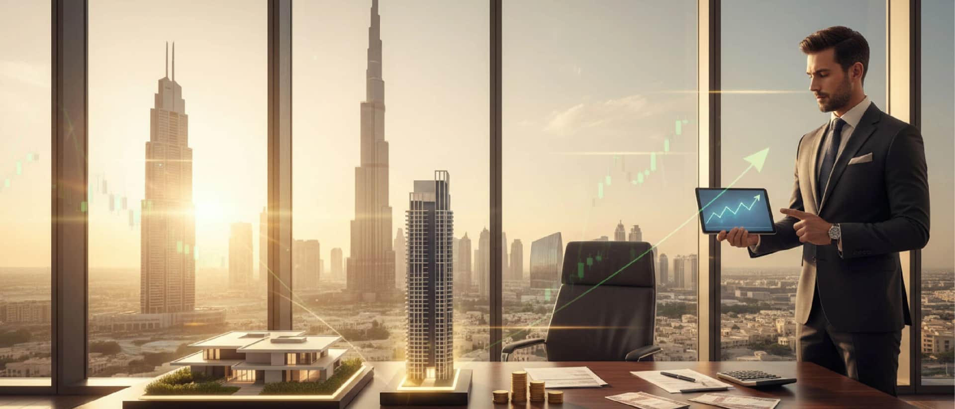 Dubai skyline real estate investment growth chart.
