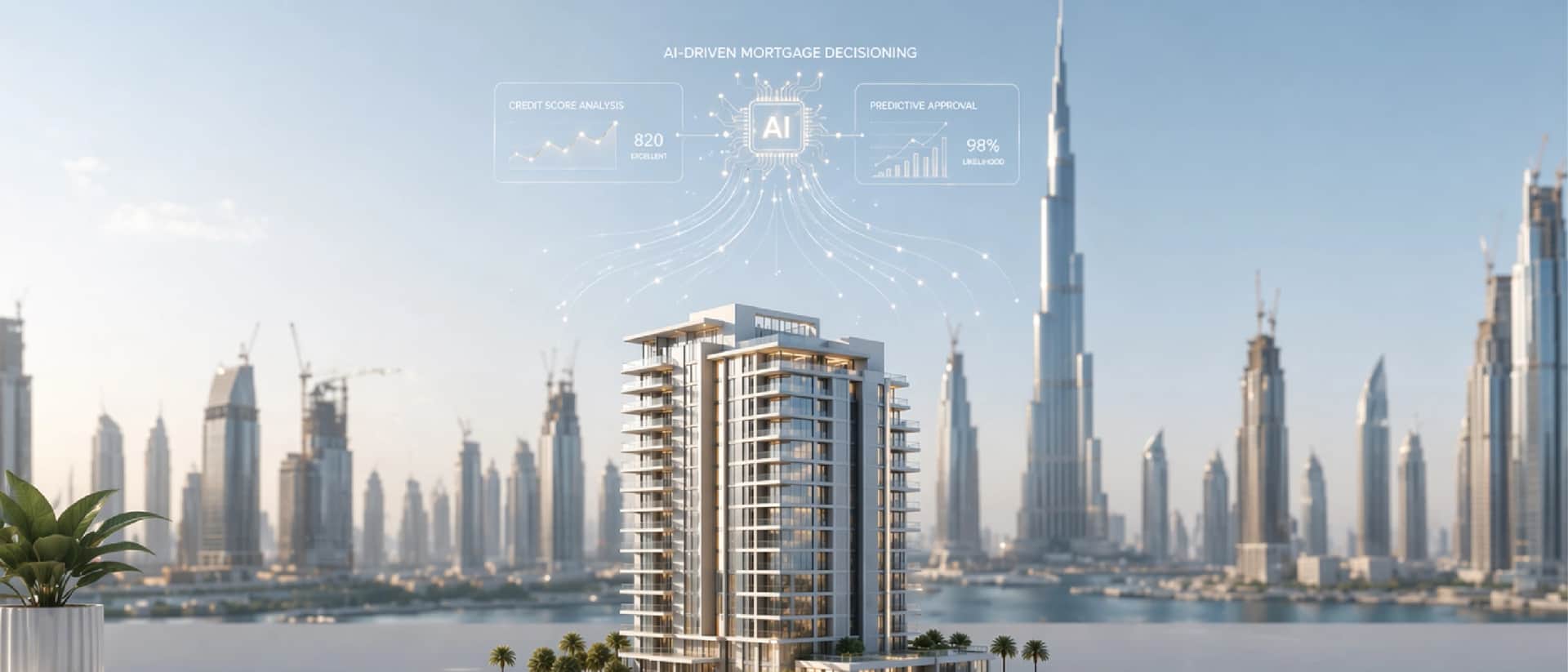 AI-powered mortgage analysis over Dubai skyline view