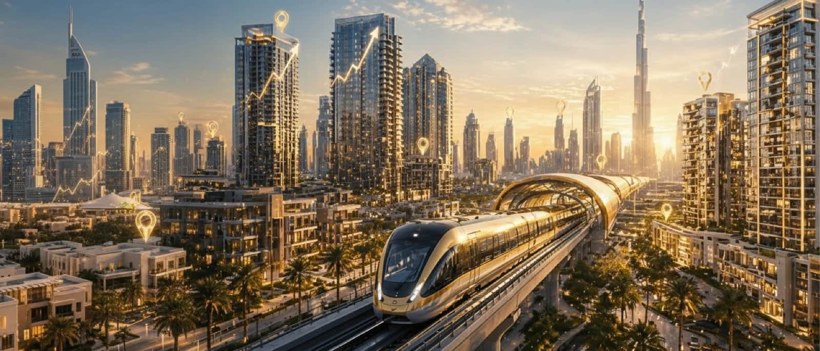 Dubai skyline with metro, Burj Khalifa and growth chart
