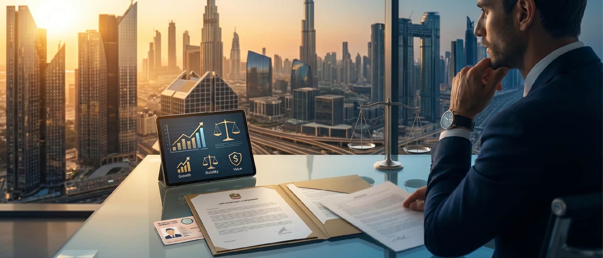 Businessman analyzing Dubai real estate growth data in office