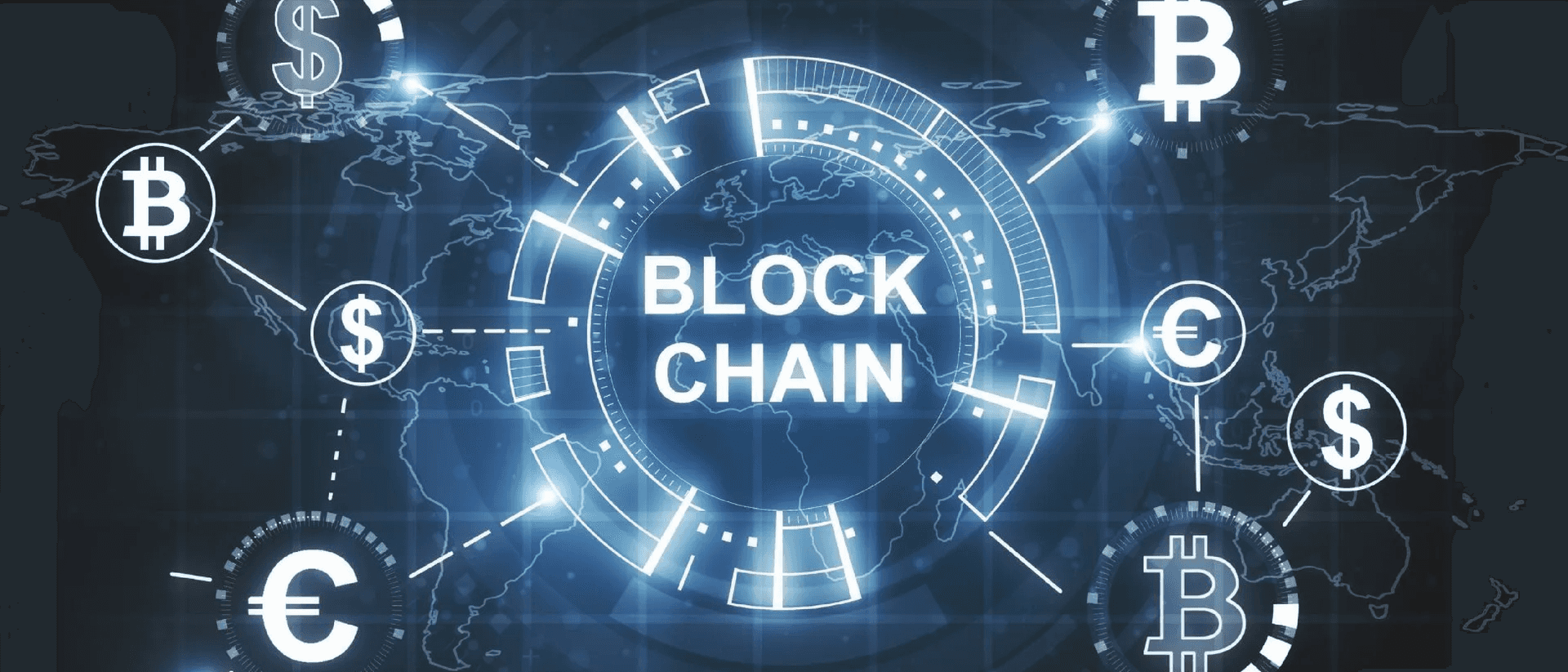 شبكة بلوكتشين رقمية مع رموز العملات على خريطة العالم