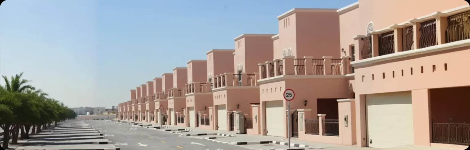 Row of modern, light-colored villas in Nad Al Sheba