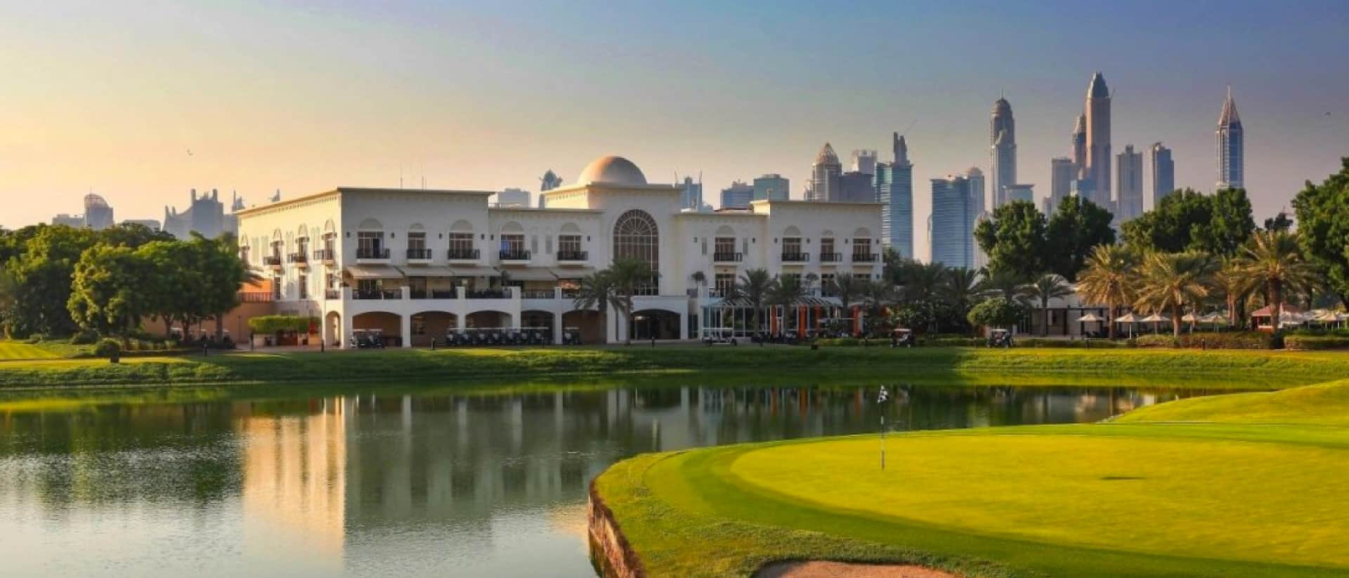 Golf course at Address Montgomerie with Dubai skyline