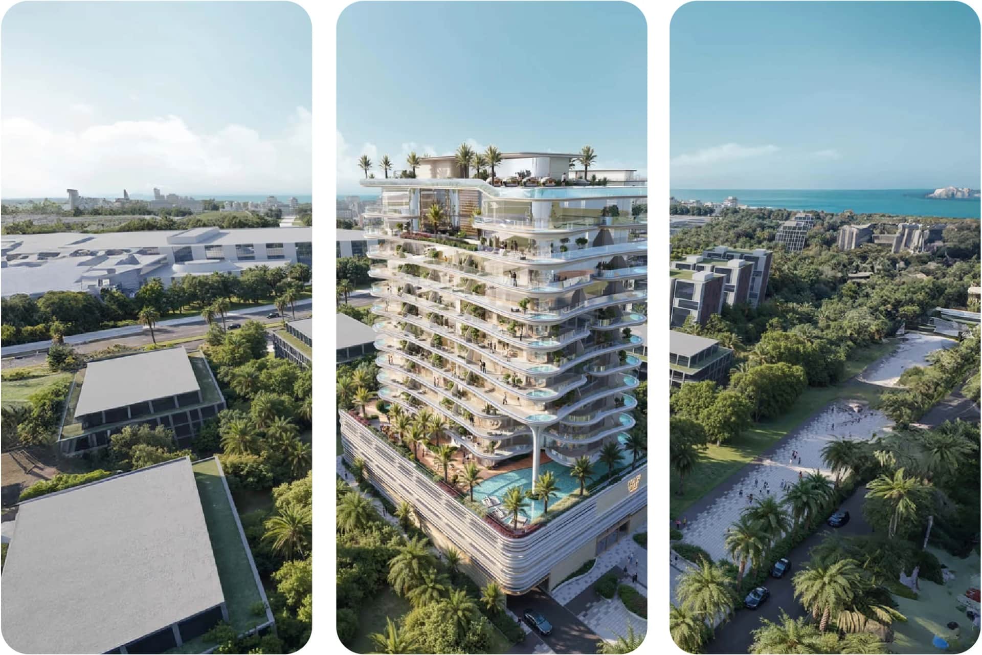 Modern LIV Waterside tower surrounded by Dubai cityscape
