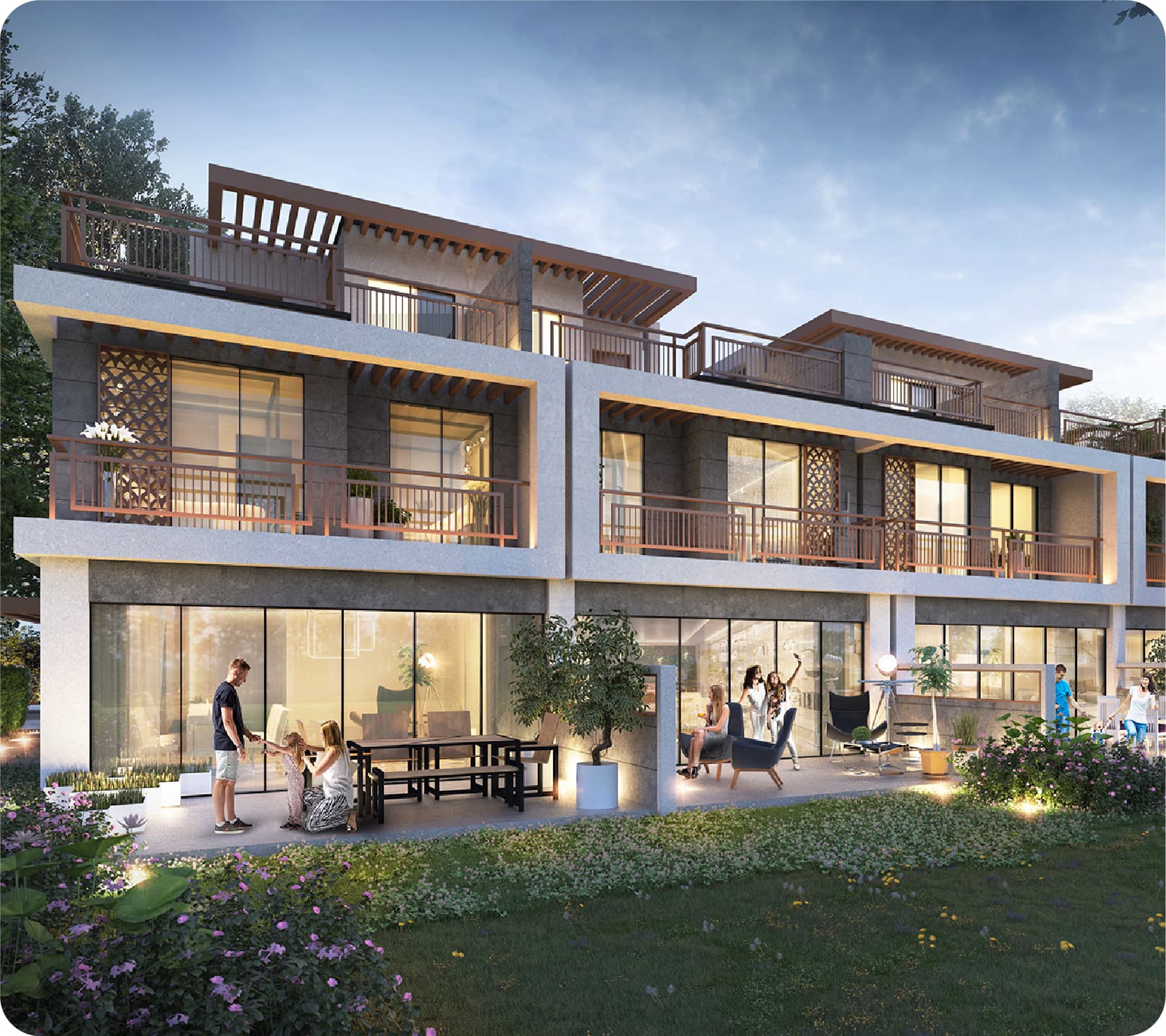 Luxury villas with modern architecture near a golf course