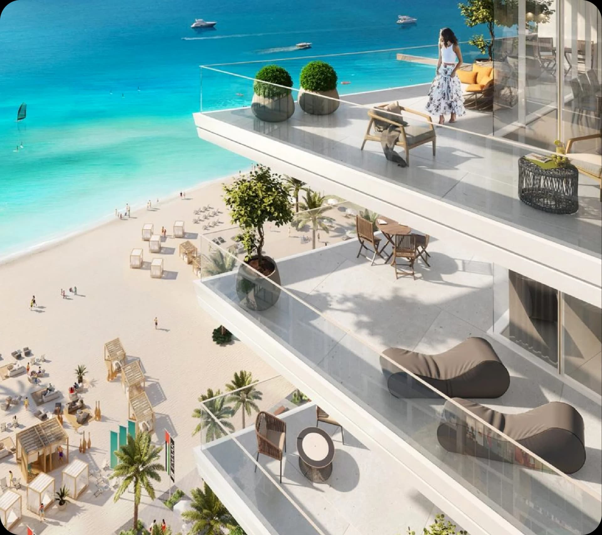 Modern residential tower with waterfront view and skies