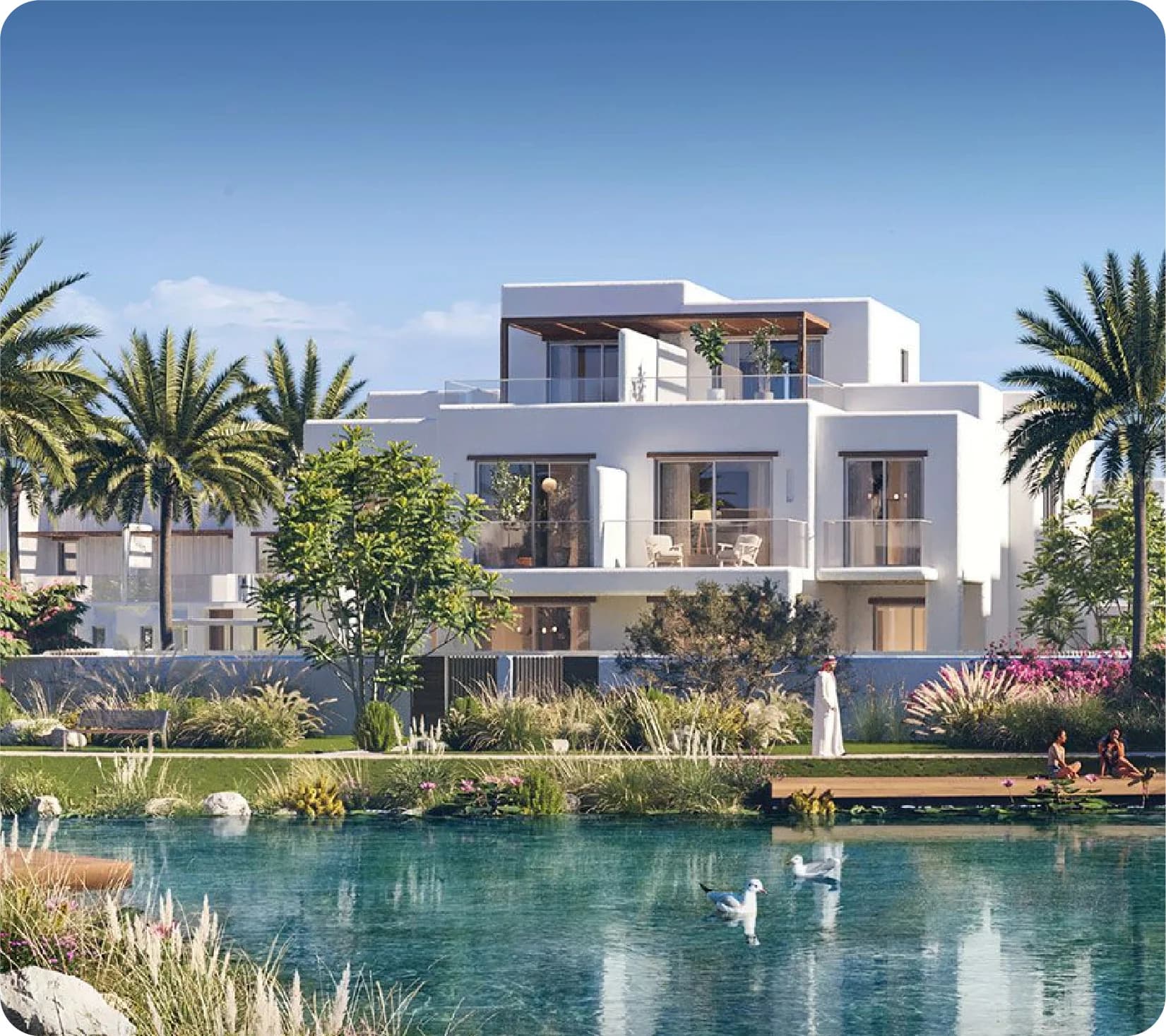 Modern villas with pond and palm trees view