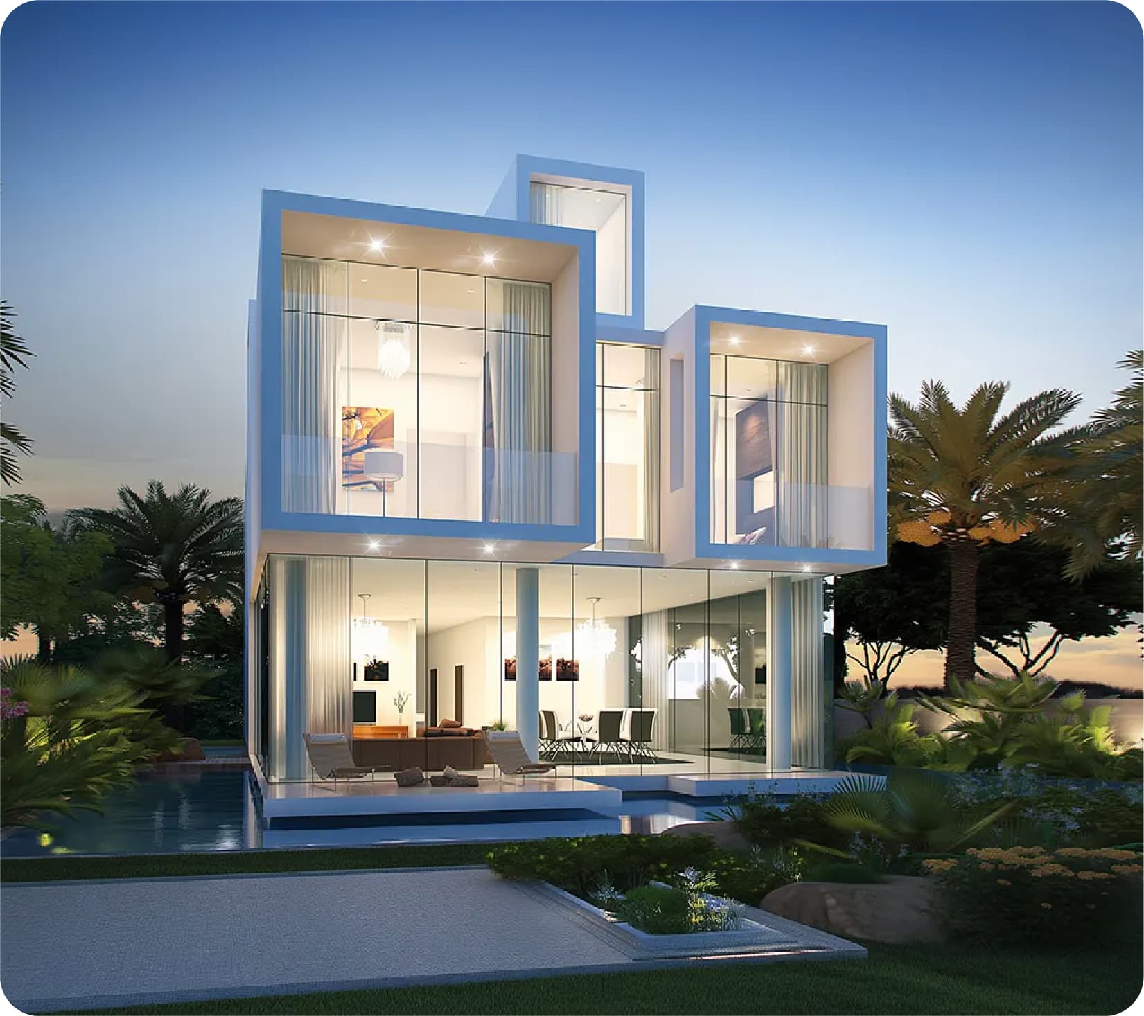 Luxury waterfront villas with lush green surroundings