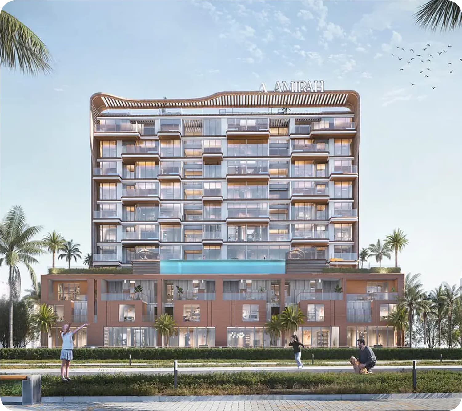 Luxurious beachfront view with modern buildings