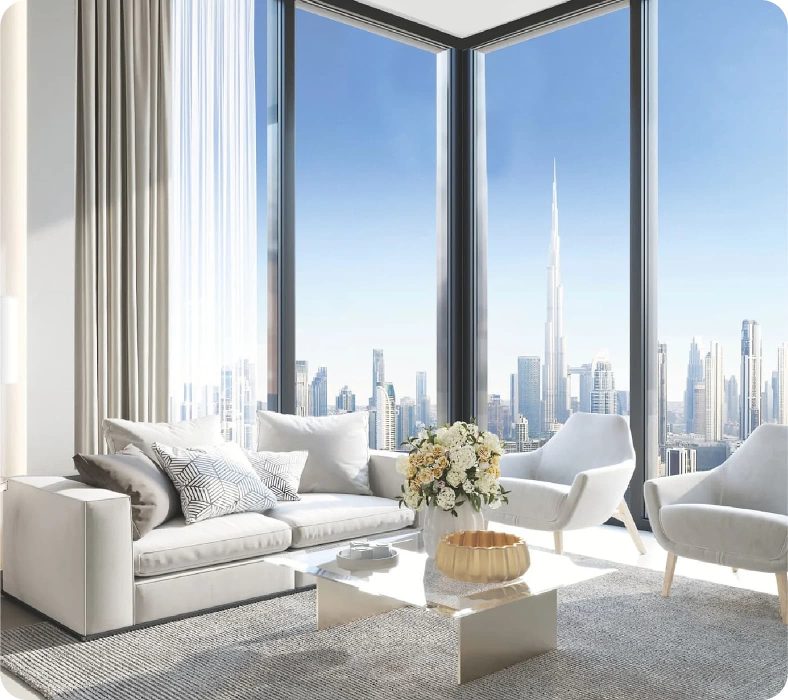 Luxury apartment living room with Burj Khalifa view
