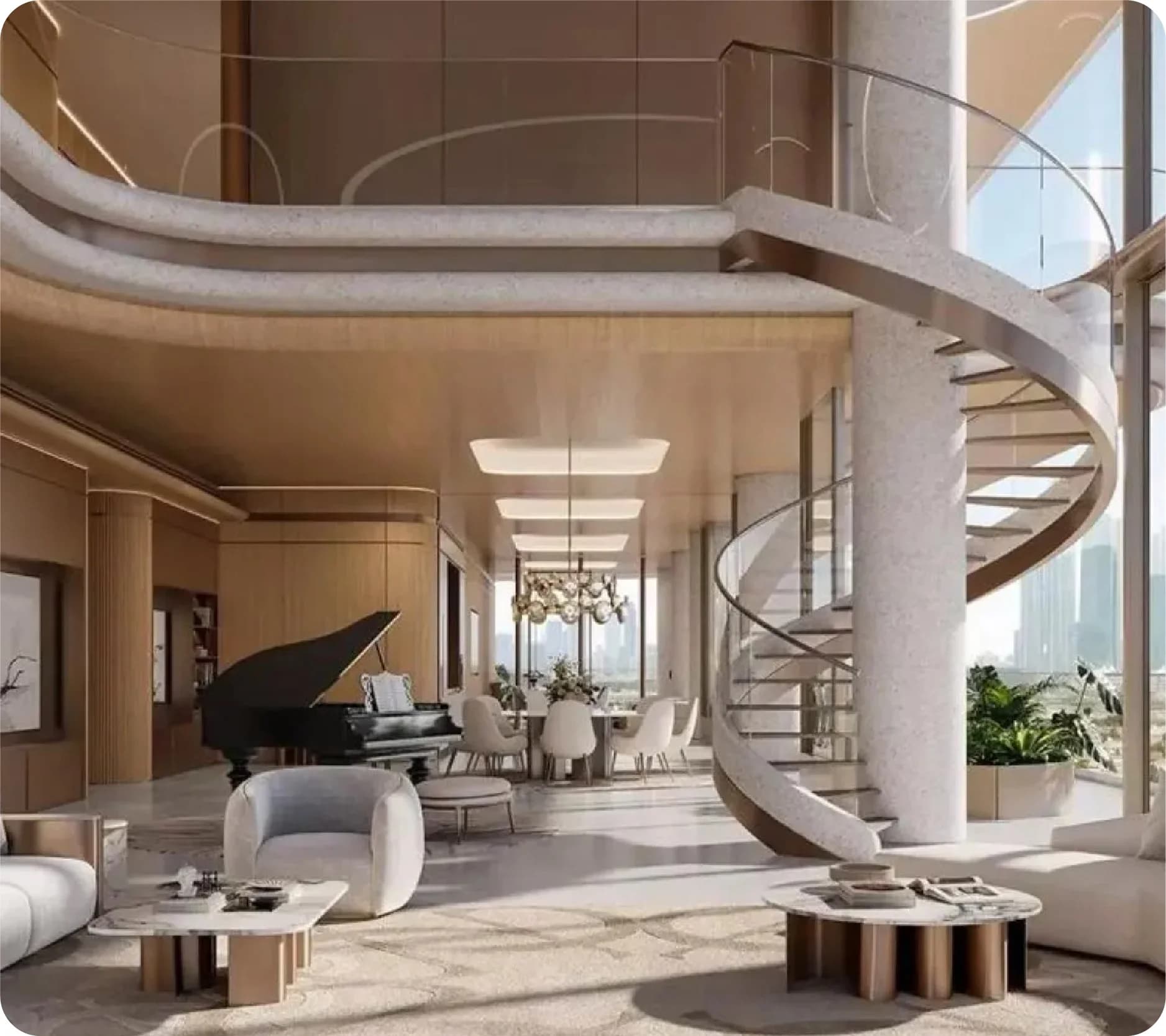 Modern living room with spiral staircase and grand piano
