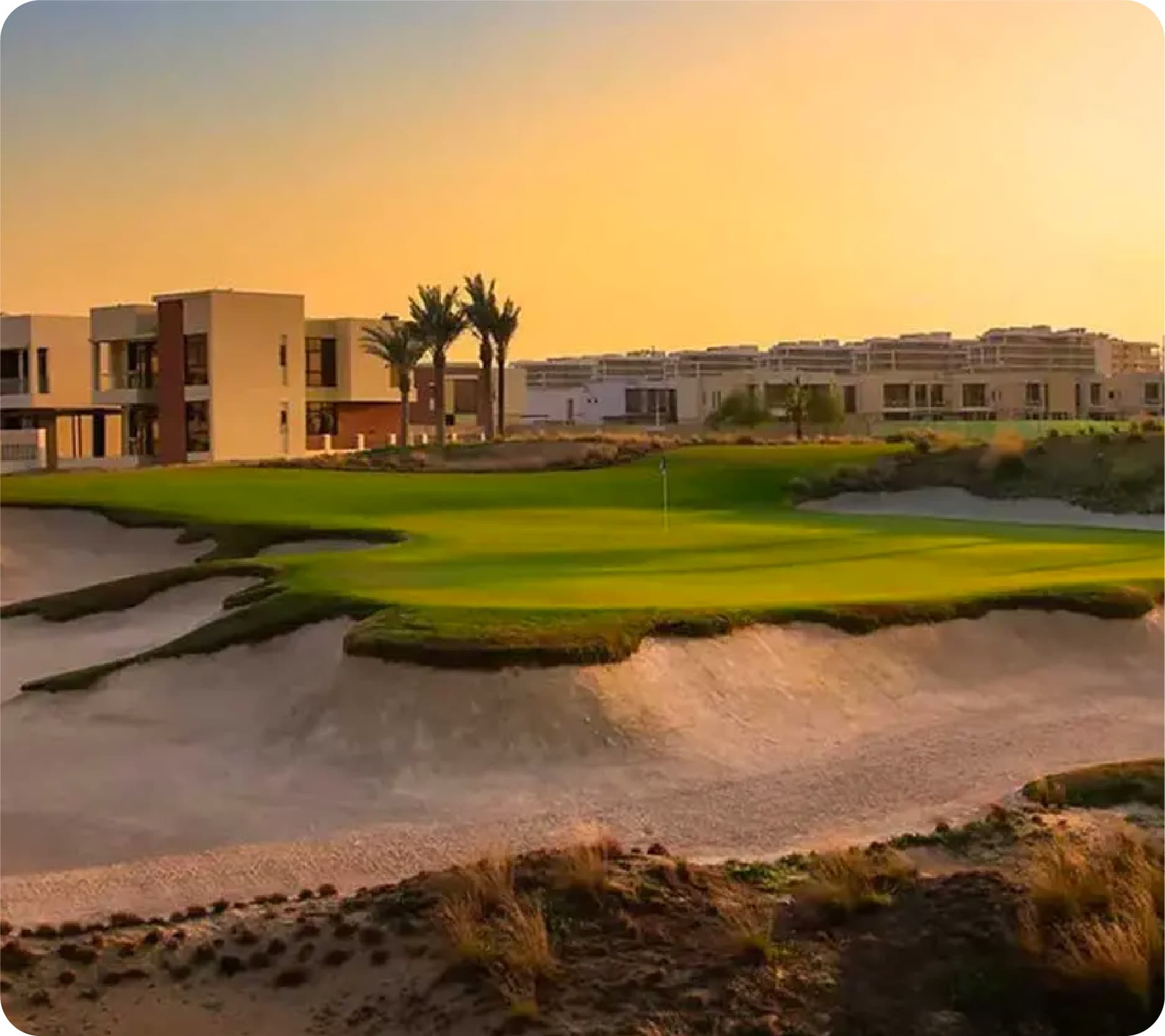 Sunset over golf course and modern buildings