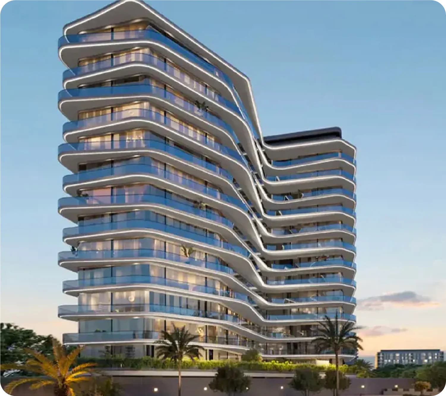 Futuristic curved building with glass windows and greenery