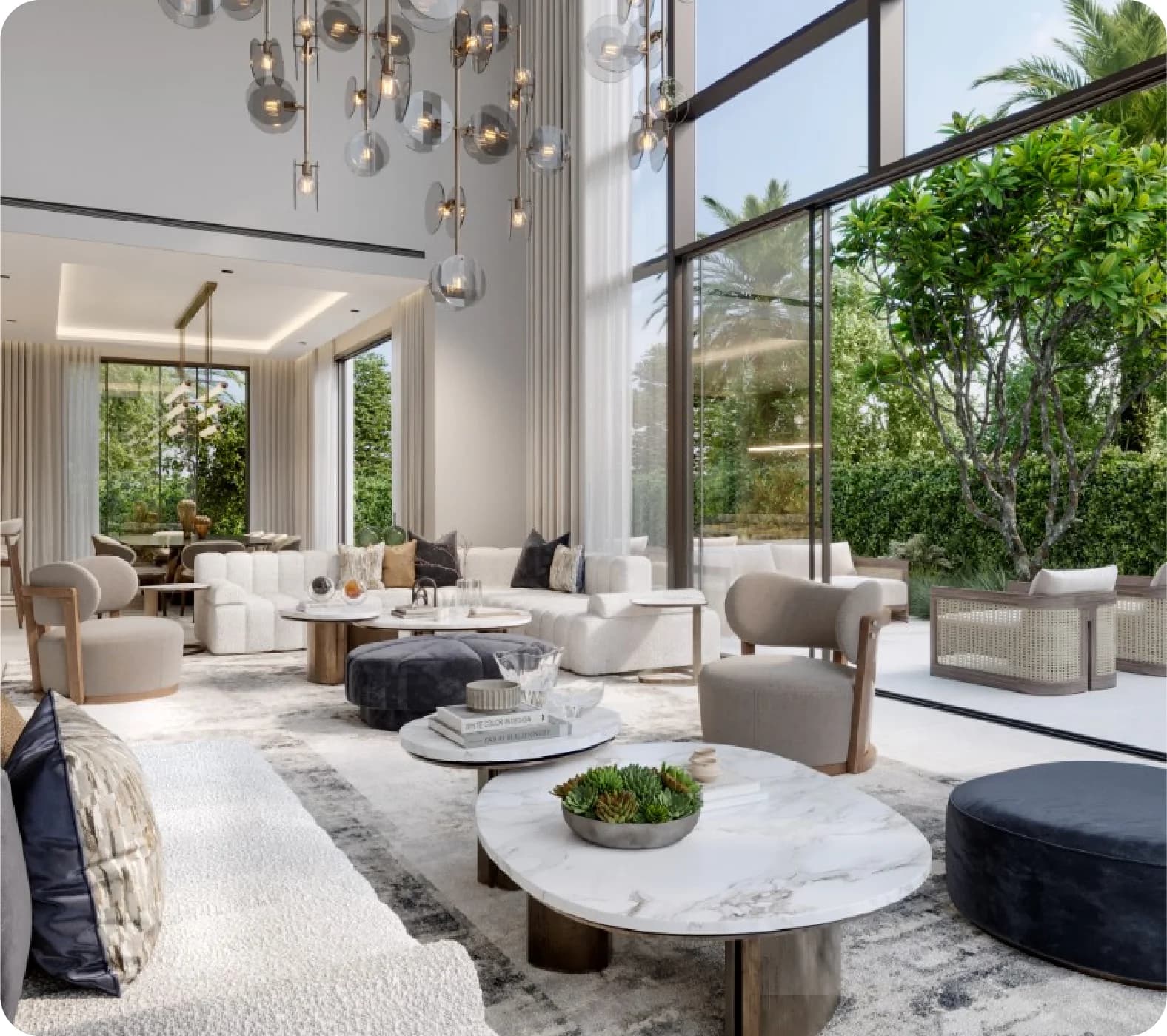 Luxury villa living room with garden view