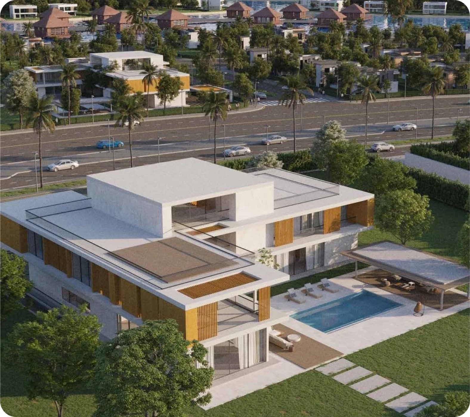 Contemporary villa with pool in landscaped residential community