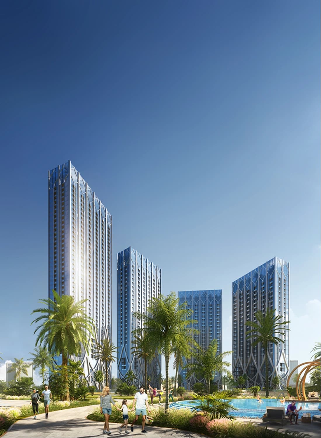 Futuristic cityscape with sleek high-rises and green palm trees