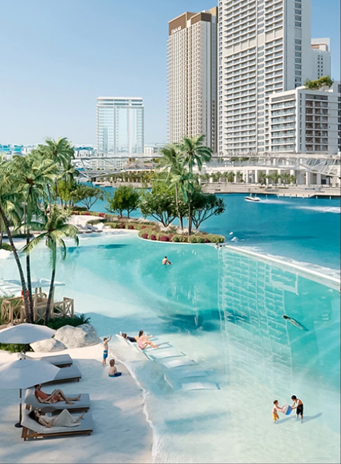 A sunny beach resort with a pool, palm trees, and people enjoying the water