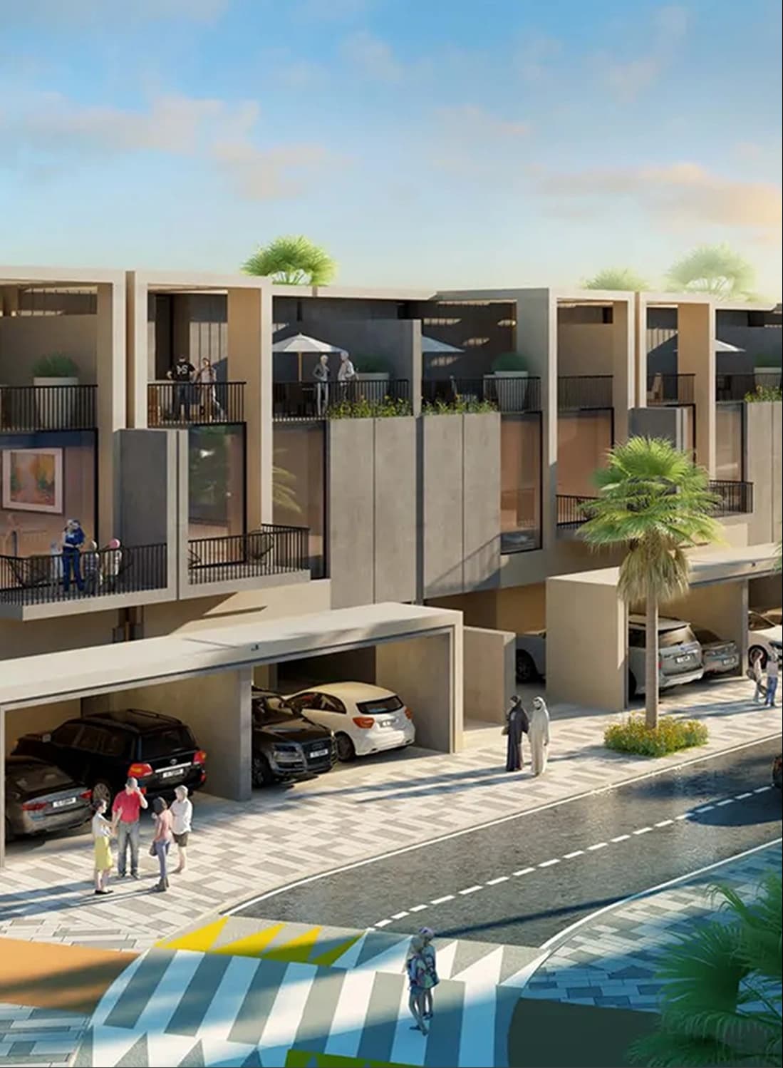 Modern residential building with garages and cars