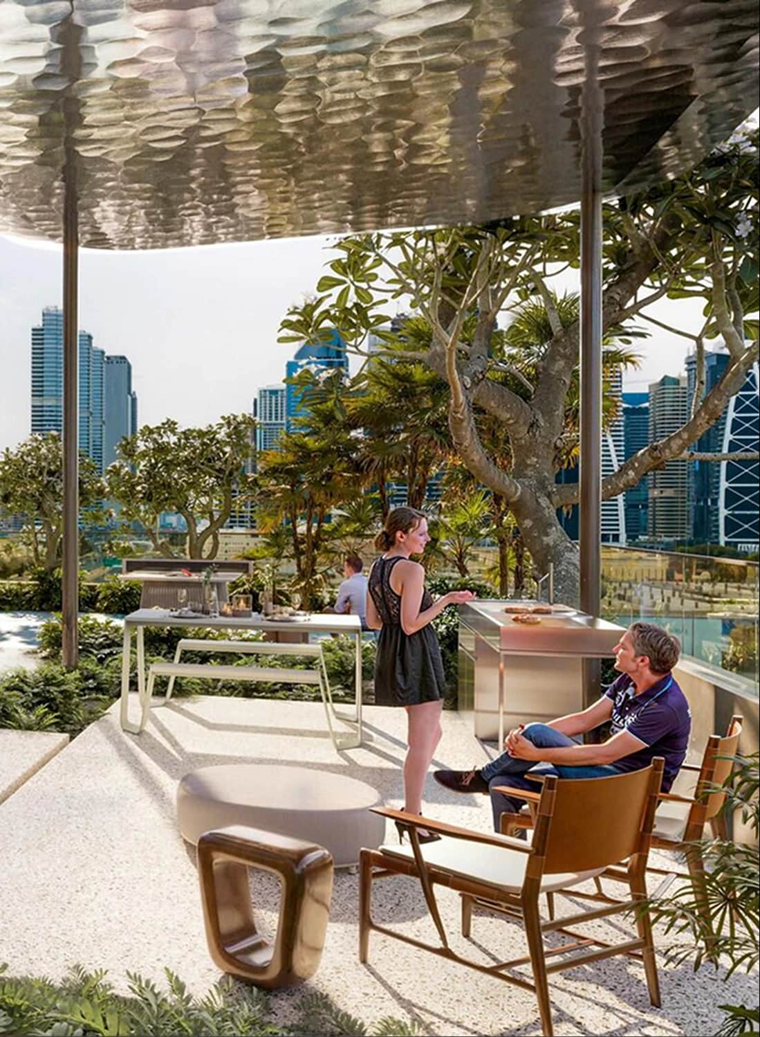 Tall skyscrapers in a modern city with green spaces