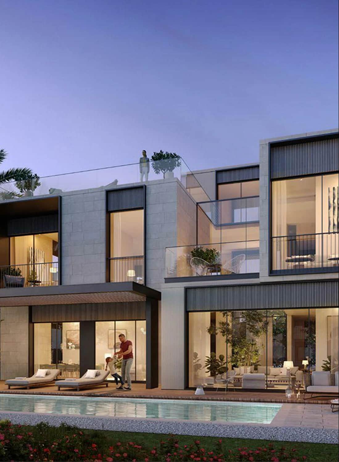 Contemporary home with rooftop garden and family outdoors