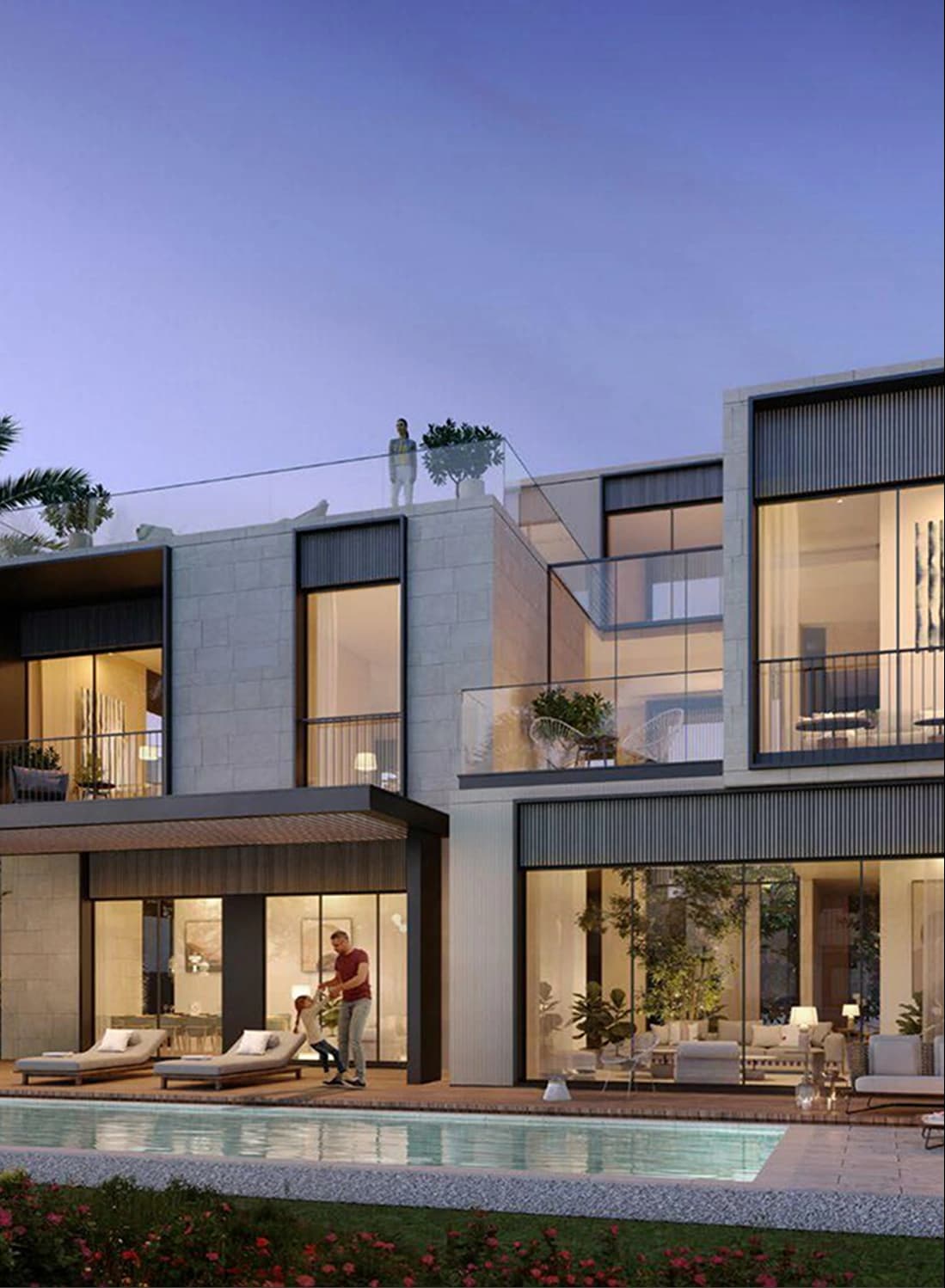 Contemporary home with rooftop garden and family outdoors