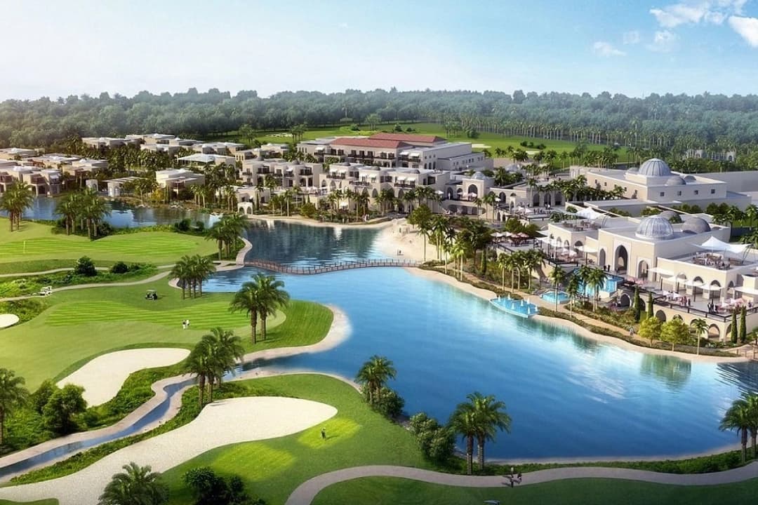 Luxurious waterfront resort with golf course views