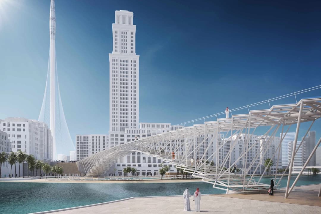 Modern city with futuristic bridge and tall tower