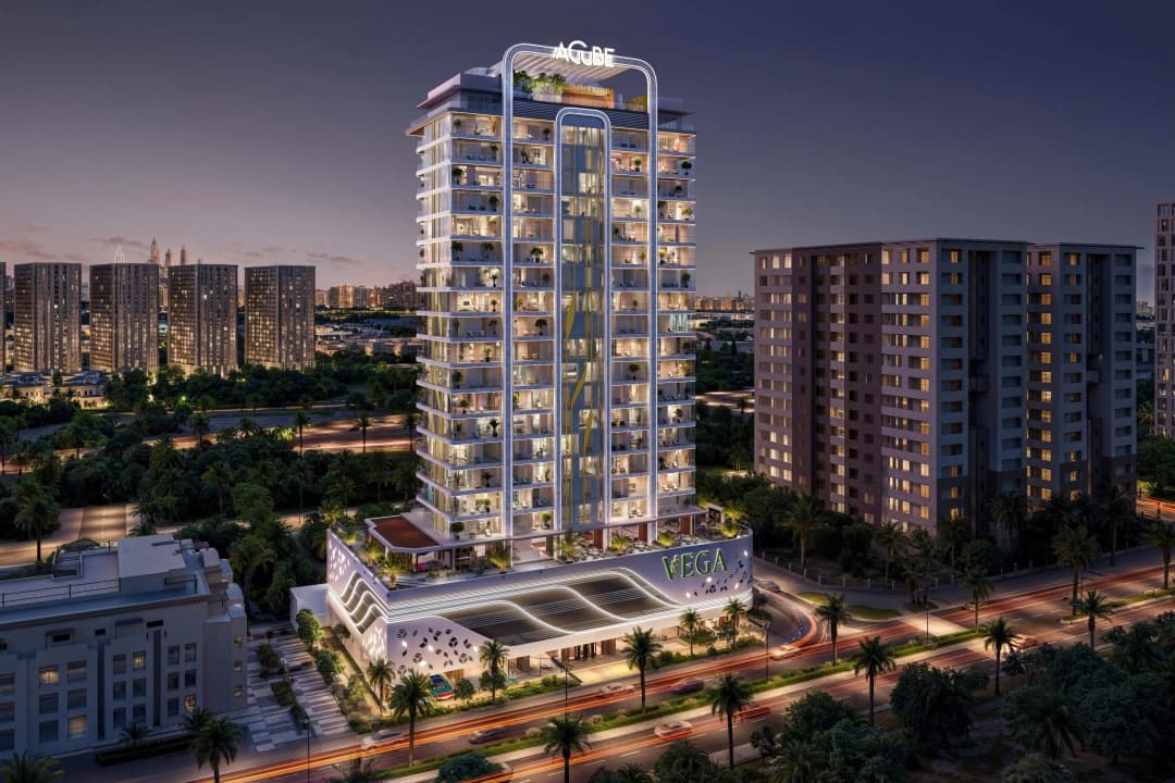 Night view of illuminated Vega residential tower