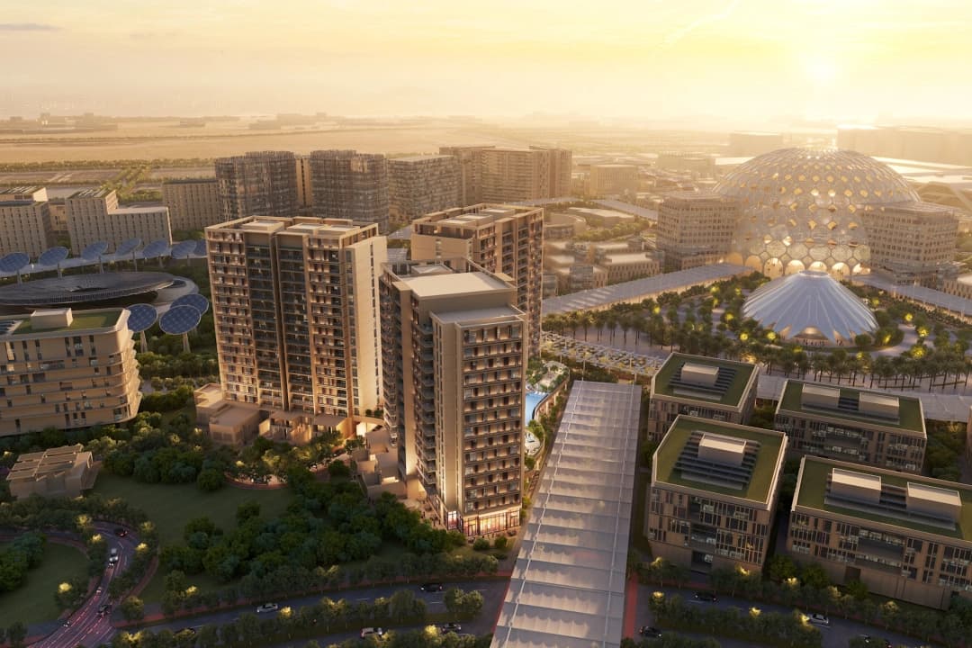 Sunset view of residential towers near Expo 2020 Dubai