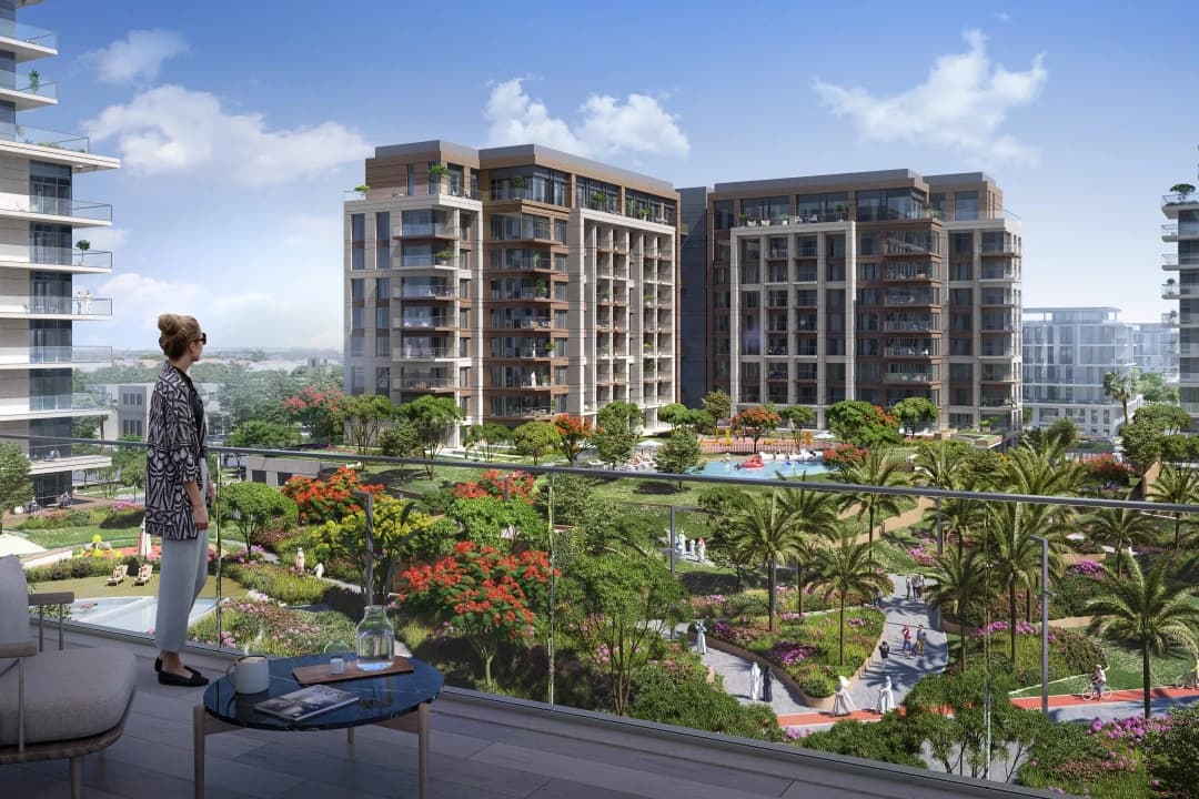 Modern residential view with landscaped gardens and pools