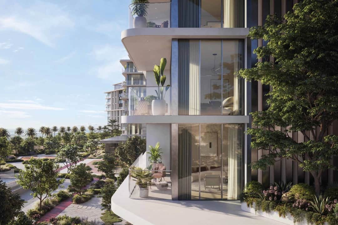 Close-up of luxury apartment building with glass balconies