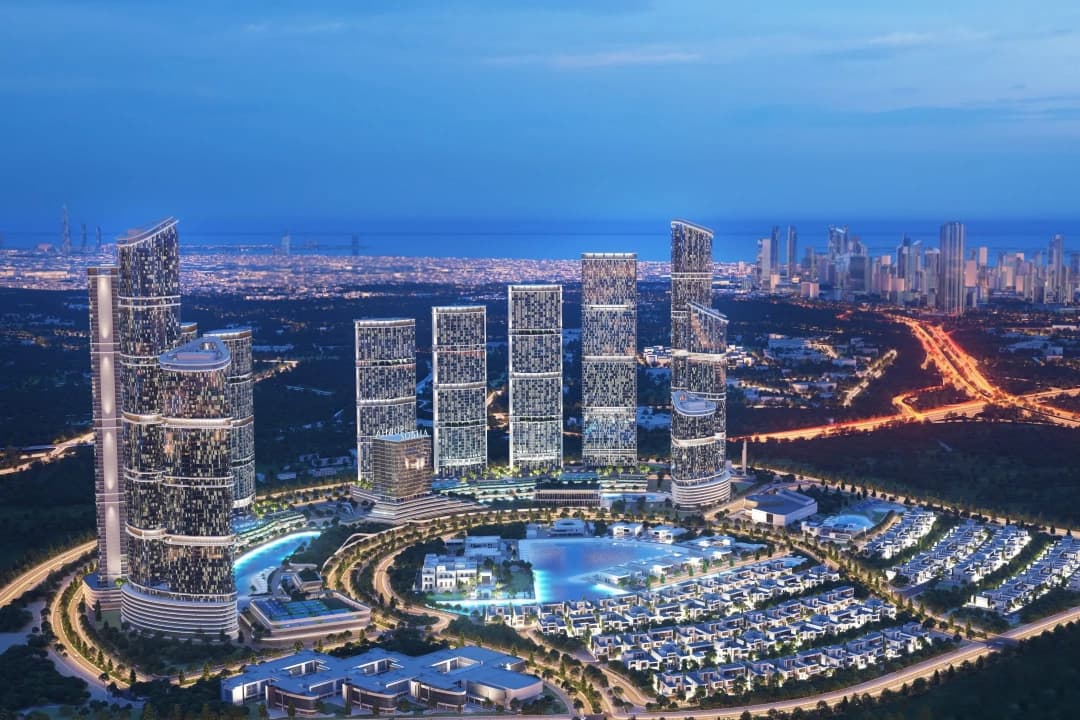 Aerial view of futuristic towers, villas, and cityscape