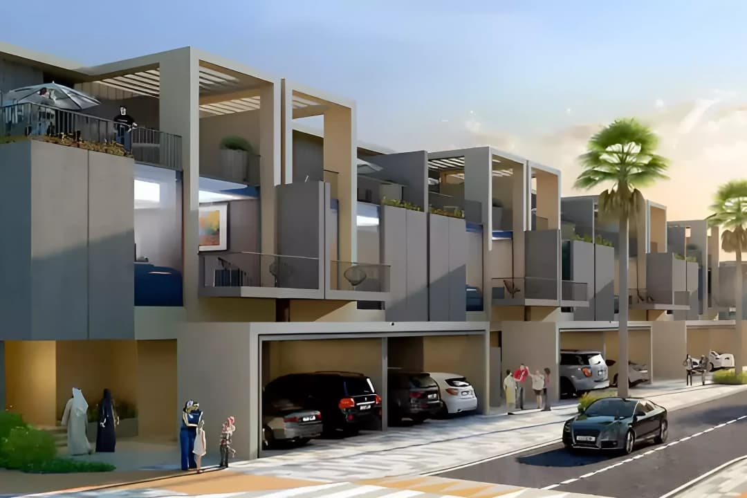Contemporary housing units with garage spaces and palm trees