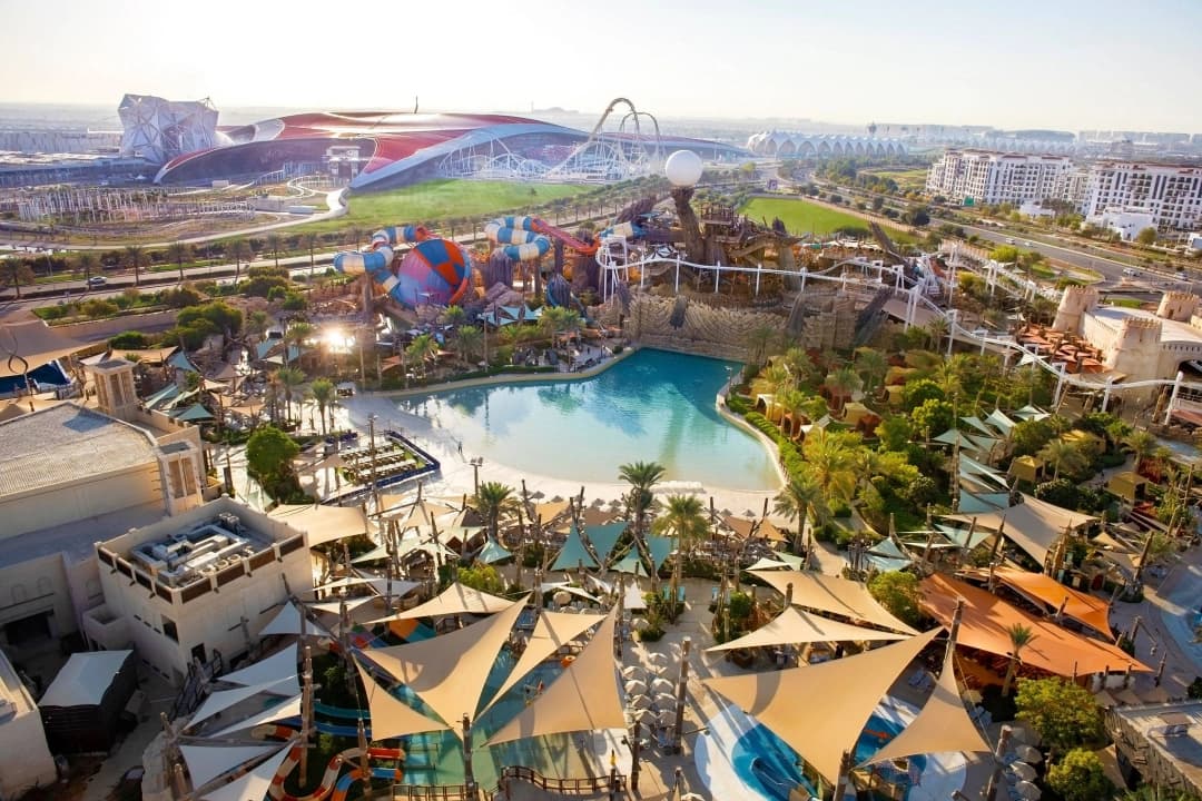 Aerial view of vibrant water park with slides and pools
