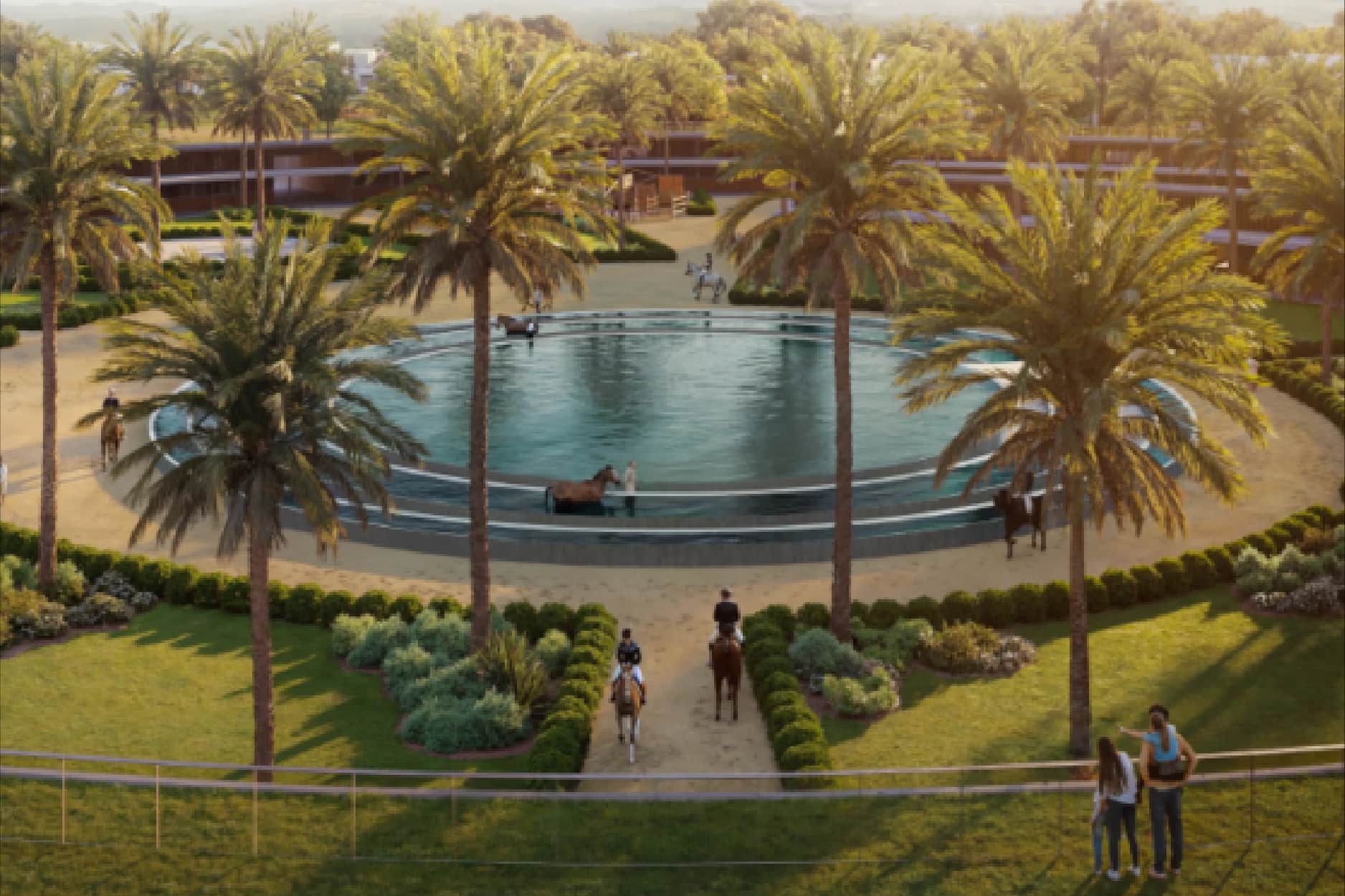 Horses in a round pool, palm trees, and people