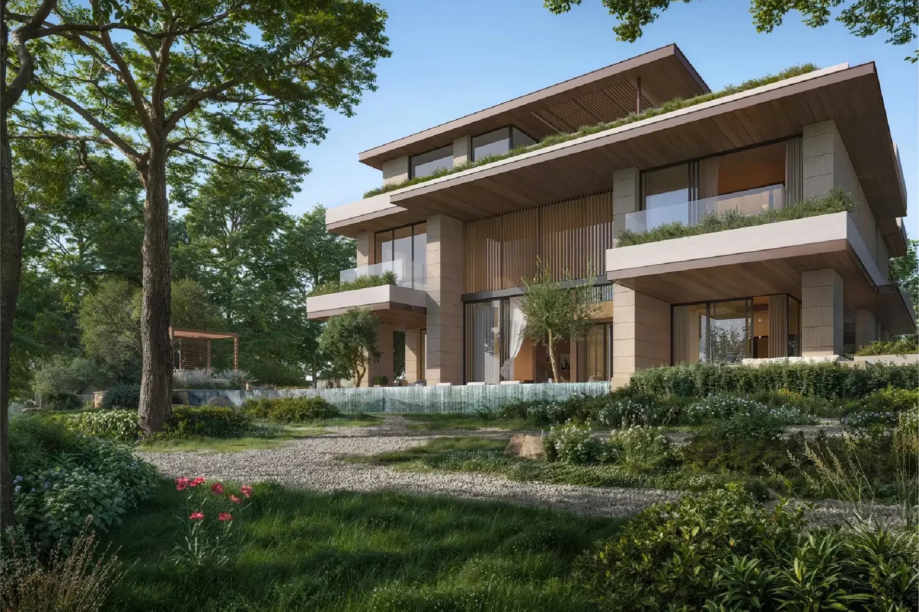 Modern villa surrounded by lush greenery and trees