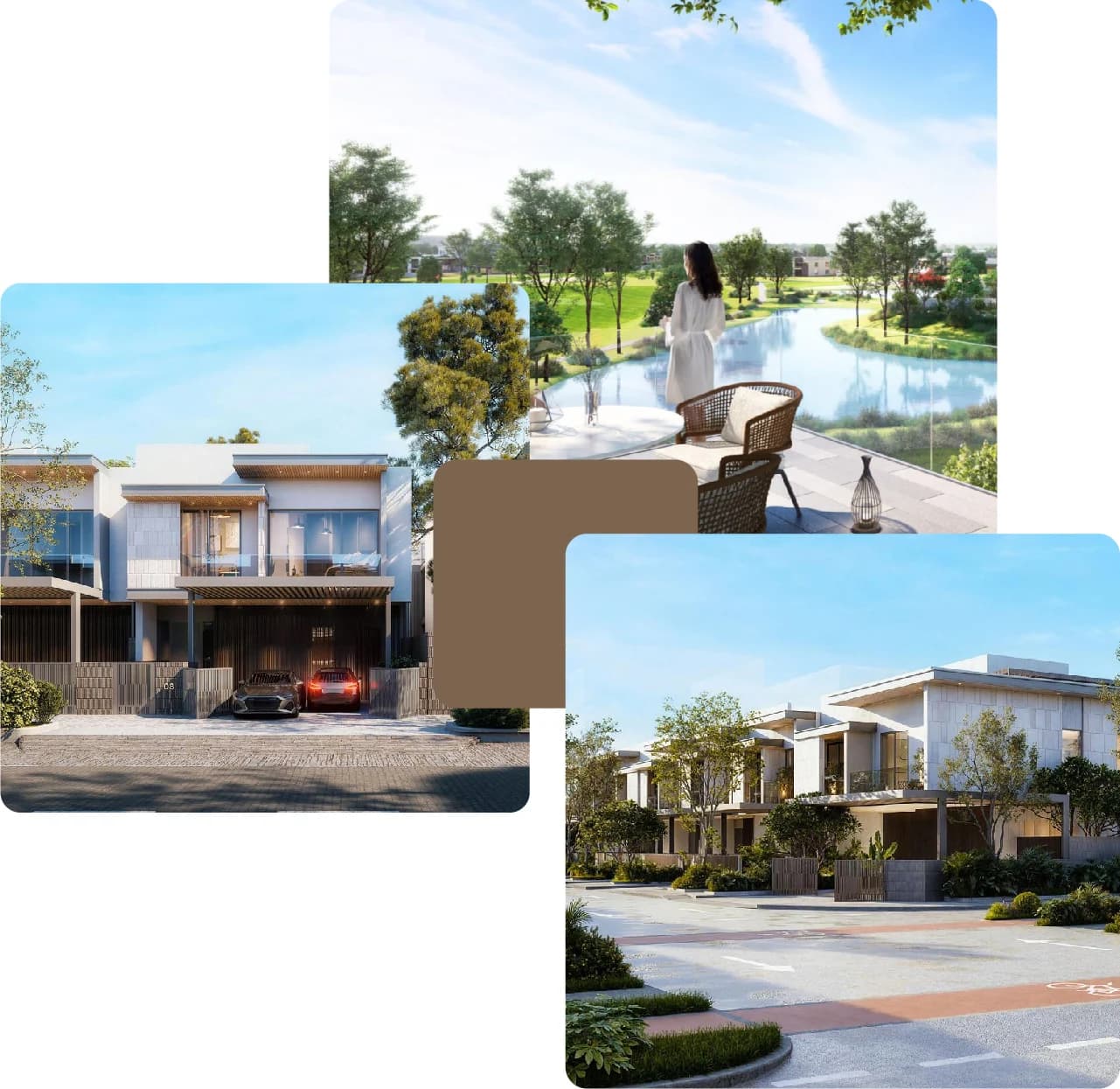 Modern villas with water views and greenery